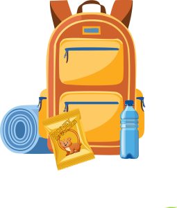 back pack with bottle of water, bag of chips, bed roll